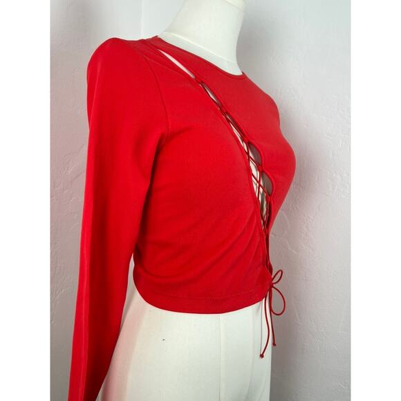 GARAGE Orange Red Ribbed Stretch Long-sleeve Top (Womens: Med) - Picture 3 of 8